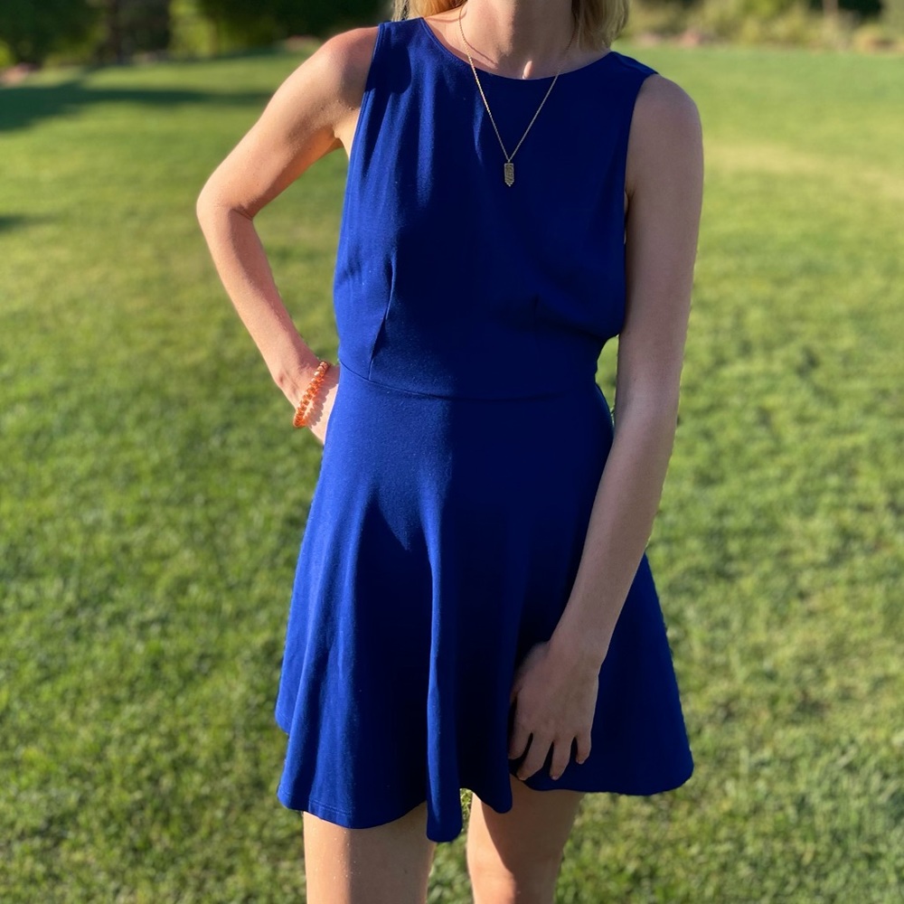 Dark blue dress with v-cut back